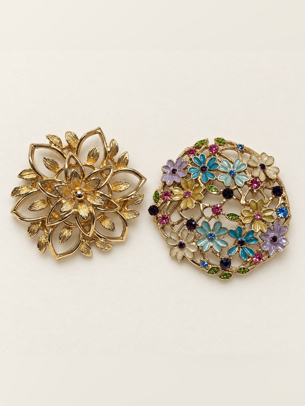 Set of 2 Gold-Tone Floral Brooches with Colourful Painted Accents 1.5